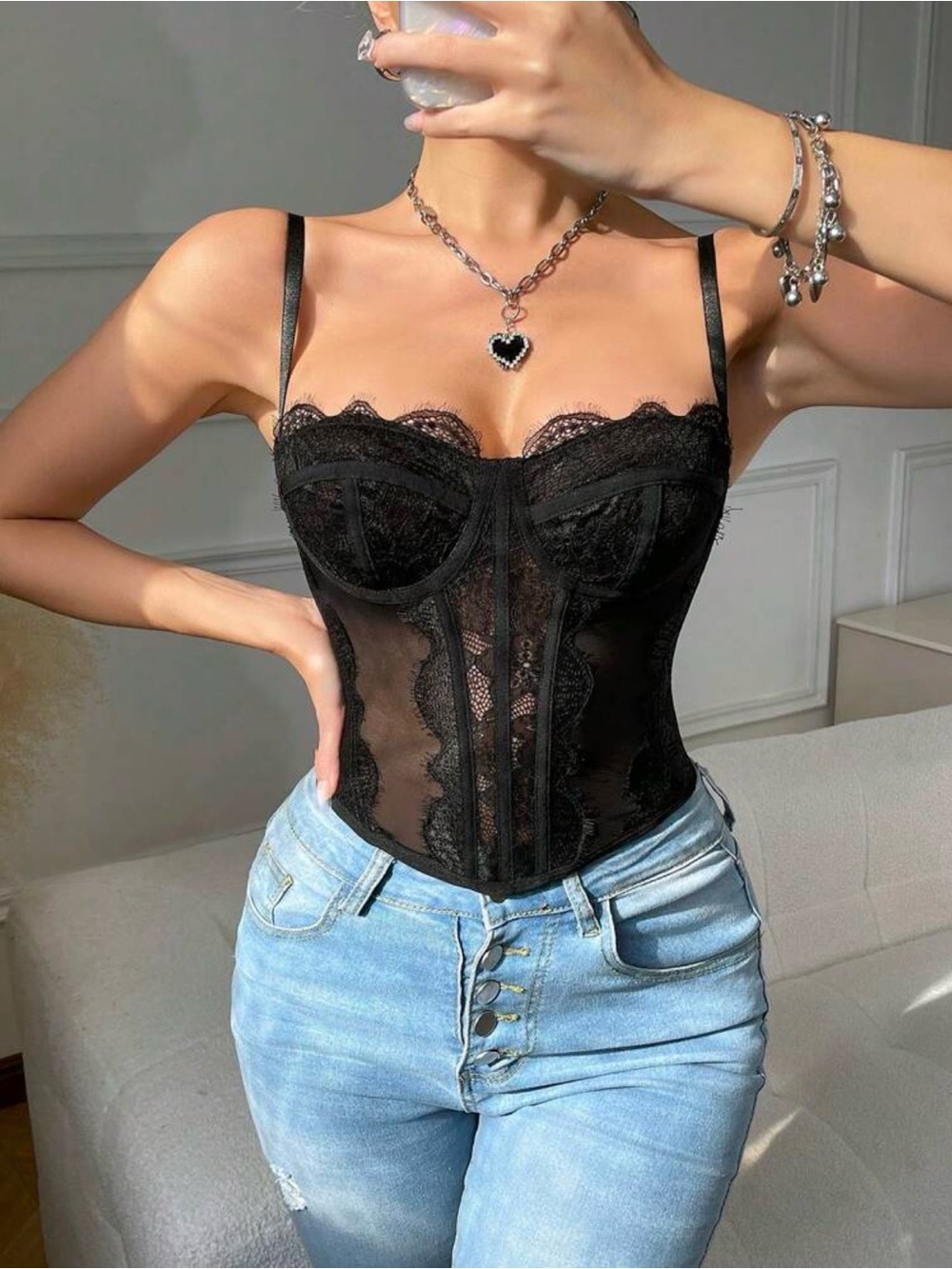 Black Lace Sheer Corset Top - Women's Fashion